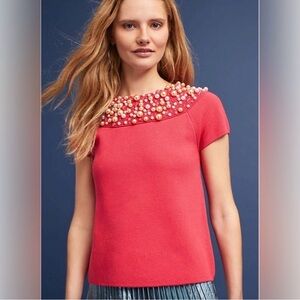 Anthropologie Moth Brianne Pearl Knit Top Coral Pink. NWT